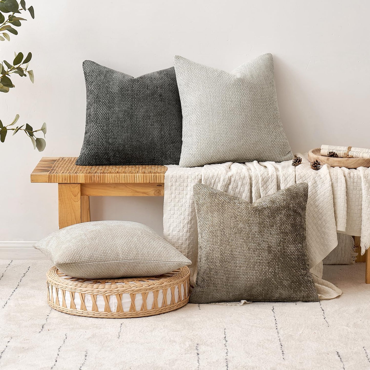 MIULEE Pack of 2 Couch Throw Pillow Covers 18x18 Inch Neutral Beige Modern Boho Accent Decorative Pillow Covers Soft Chenille Farmhouse Cushion Covers for Home Decor Bed Sofa Living Room
