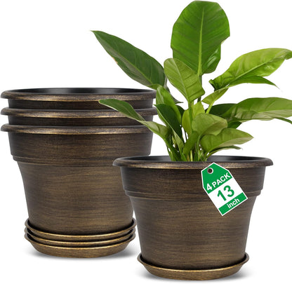 Fodetyff 10 Inch Planters Plant Pots Indoor Outdoor, 4 Pack Plastic Flower Pot for Indoor Plants with Drainage Holes & Trays, Resin Decorative Container Sets with Saucer for House Garden Copper