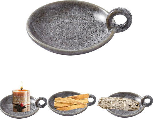 1pack Vintage Ceramic Candle Holders with Handle, Round Farmhouse Ceramic Plate Tray,Sage Holder for Burning,Incense Holder for Meditation Room Home Decor (Khaki)