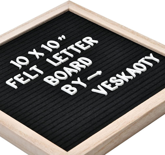 Felt Letter Board with 294 Letters, Numbers & Symbols - 10 x 10 inch Changeable Message Board with Wooden Frame Wall Mount Hook, Black & Wood