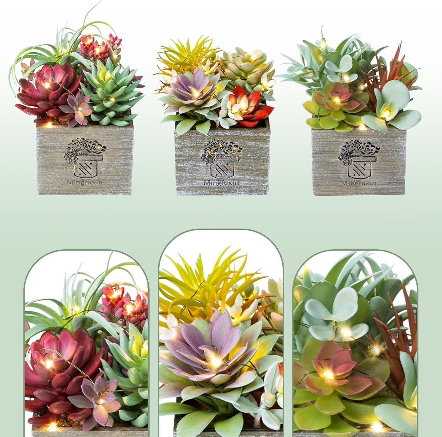Succulent Plants Artificial, 3 Pack Small Fake Plants in Wood Pot for Home Decor, Farmhouse Artificial Plants Indoor for Living Room Bathroom Bedroom Office Kitchen Desk Wedding Coffee Table Decor