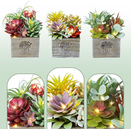 Succulent Plants Artificial, 3 Pack Small Fake Plants in Wood Pot for Home Decor, Farmhouse Artificial Plants Indoor for Living Room Bathroom Bedroom Office Kitchen Desk Wedding Coffee Table Decor