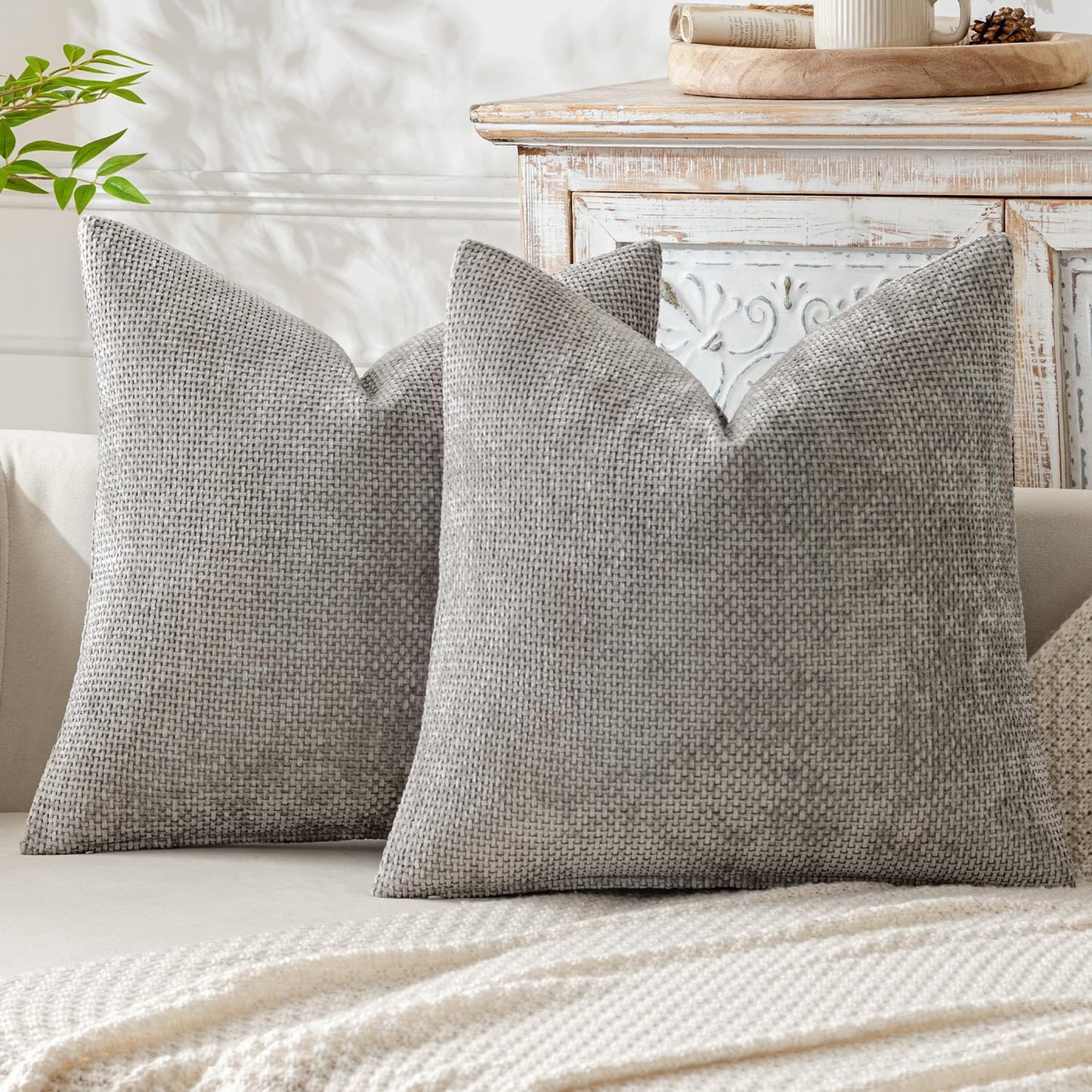 MIULEE Pack of 2 Couch Throw Pillow Covers 18x18 Inch Neutral Beige Modern Boho Accent Decorative Pillow Covers Soft Chenille Farmhouse Cushion Covers for Home Decor Bed Sofa Living Room