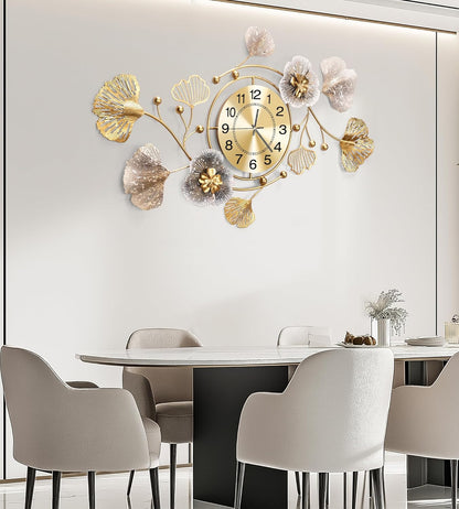 Clocks for Living Room, Large Wall Clock, 3D Silent Wall Clock, Retro Metal Ginkgo Leaf Design, for Bedroom Kitchen Decorative Wall Clocks（32''x18'' ）