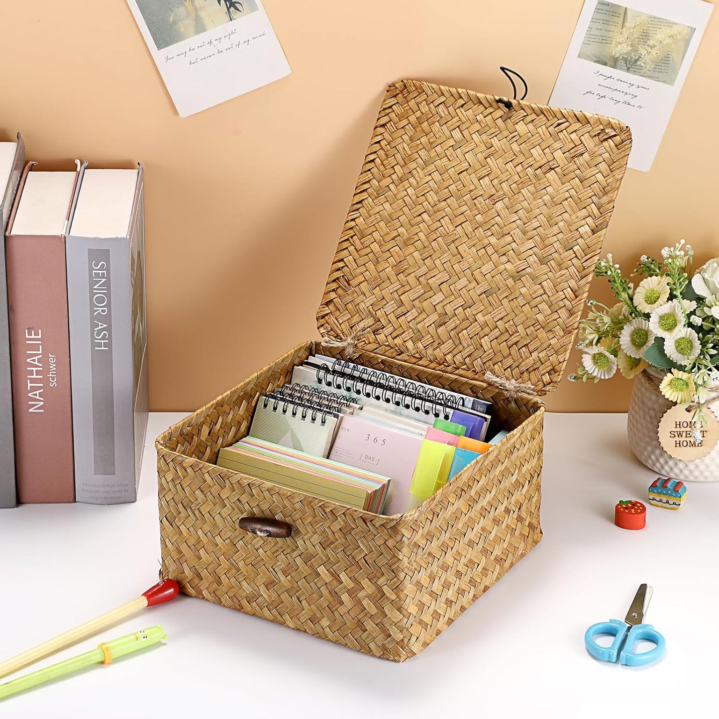 Hipiwe Seagrass Basket with Lid Wicker Storage Basket Square Handwoven Decorative Baskets Box for Shelf Multipurpose Household Baskets Home Decor,X-small