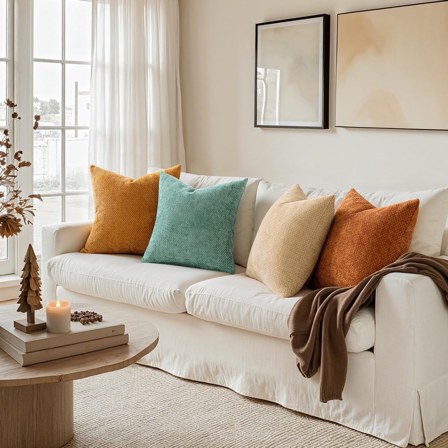 MIULEE Pack of 4 Couch Throw Pillow Covers 18x18 Inch Neutral Soft Decorative Chenille Pillow Covers Farmhouse Boho Cushion Covers for Mid Century Modern Spring Home Decor Sofa Bedroom Living Room