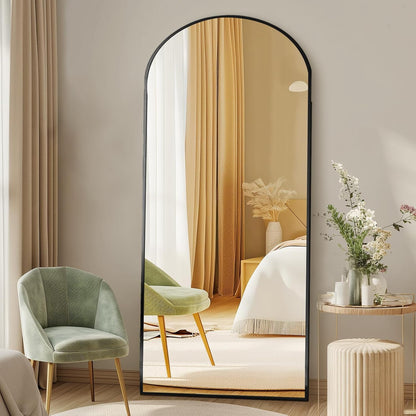 DUMOS Arched Full Length Mirror with Stand 64"x21" Floor Standing Aluminum Frame for Bedroom Body Hanging Leaning Modern Simple Home Decor Shatter-proorf Nano Glass Wall Living Room Cloakroom Black