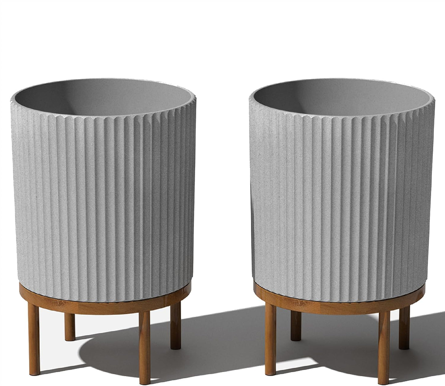 Veradek Demi Series Round Planter w/ Stand for Porch/Patio | Durable Plastic-Concrete & Wooden Stand | Modern Décor for Tall Plants, Flowers