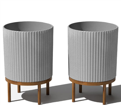 Veradek Demi Series Round Planter w/ Stand for Porch/Patio | Durable Plastic-Concrete & Wooden Stand | Modern Décor for Tall Plants, Flowers