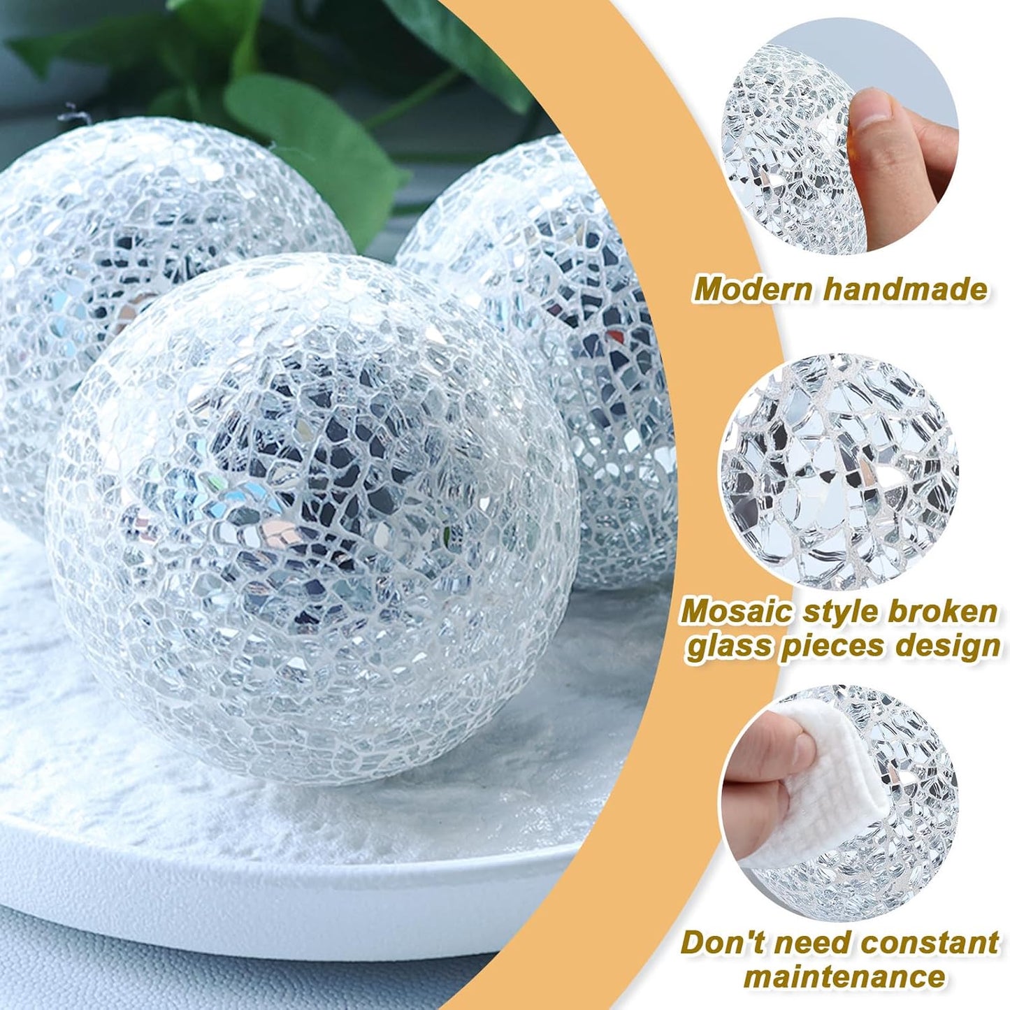 3 Pack Blue Decorative Orbs Mosaic Crack Glass Balls Decor Solid Sphere Globe Bowl Vase Fillers Holiday Living Room Mantle Basket Centerpiece 3.35 Inch