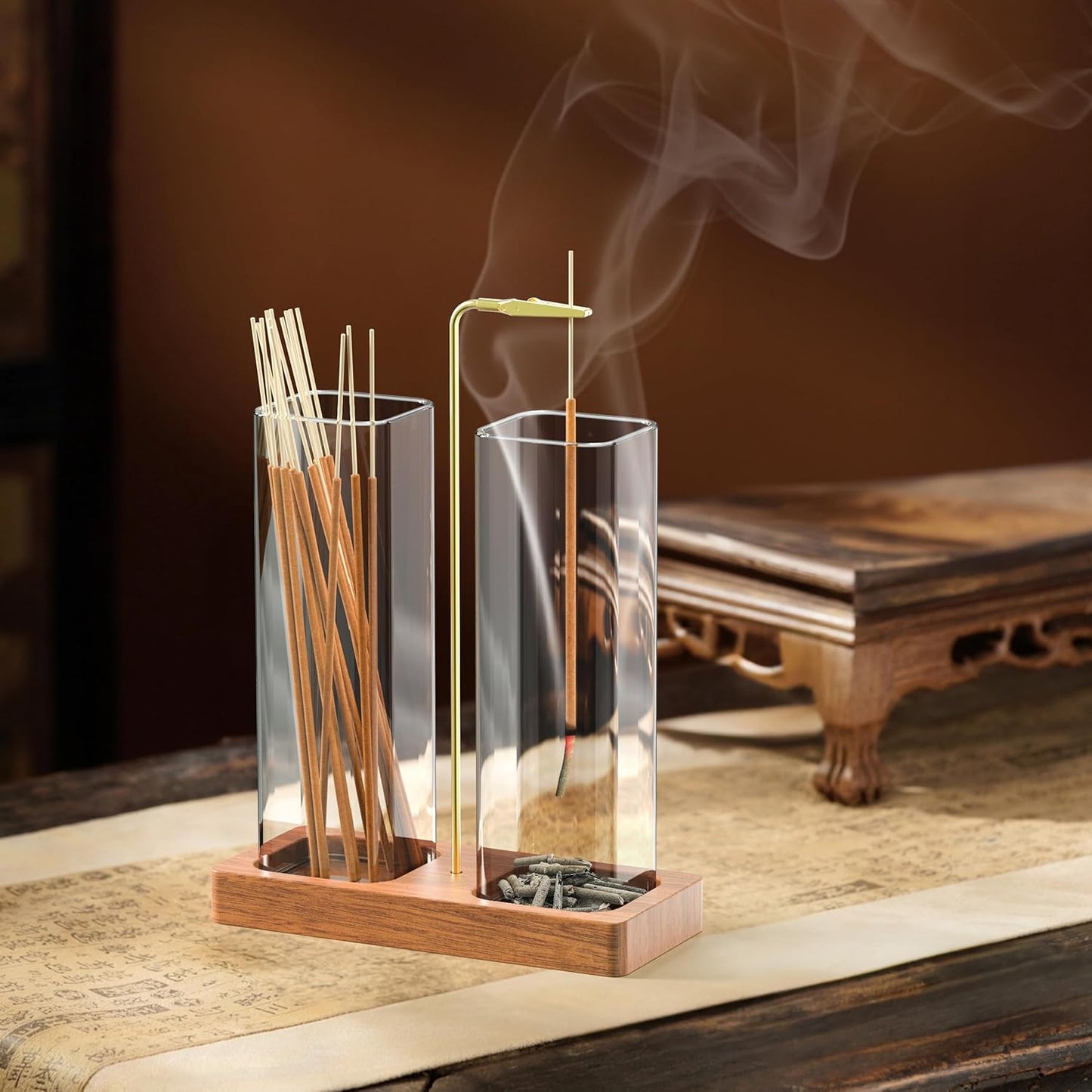 2 in 1 Incense Holder with 7.8" & 5.9" Glass Jars, Large Incense Holder for Sticks, Upside Down Incense Burner with Ash Catcher & Storage for Meditation Yoga Spa Home Decor - 20 Incense Sticks & Brush