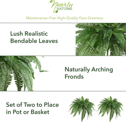 Nearly Natural 48in Artificial Boston Fern (Set of 2), Large Faux Greenery with 67 Lifelike Fronds for Indoor Wall, Shelf, and Home Office Decor