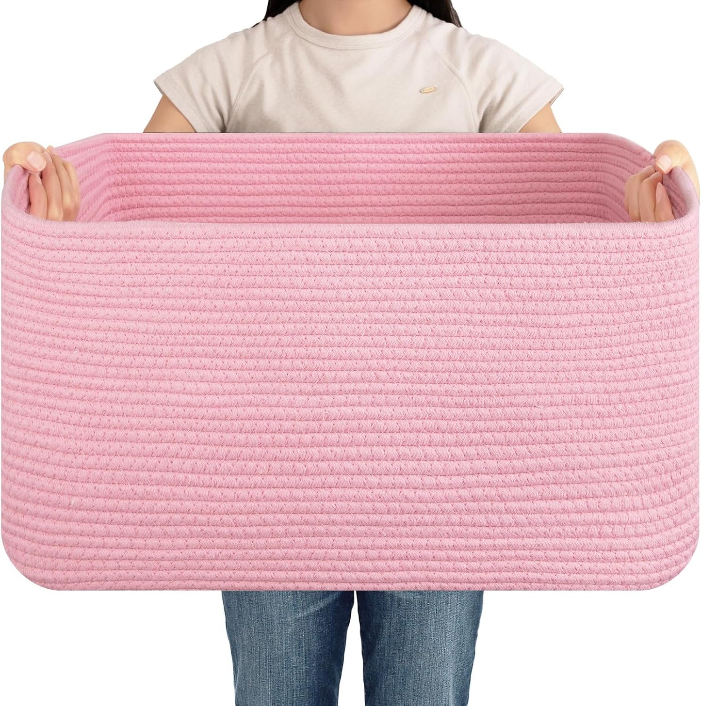 OIAHOMY 75L Large Woven Cotton Rope Storage Basket with Handle for Organizing Blanket and Toys for Living Room, Nursery, Brown Variegated 22”x17”x12”