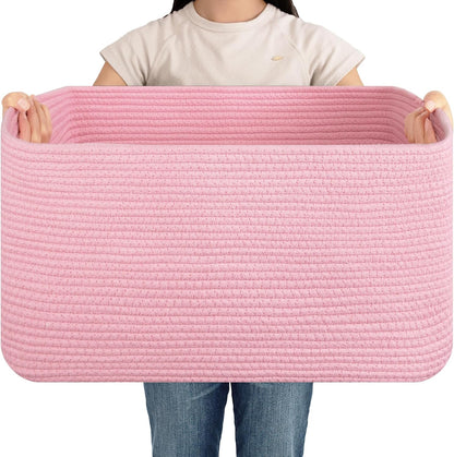 OIAHOMY 75L Large Woven Cotton Rope Storage Basket with Handle for Organizing Blanket and Toys for Living Room, Nursery, Brown Variegated 22”x17”x12”