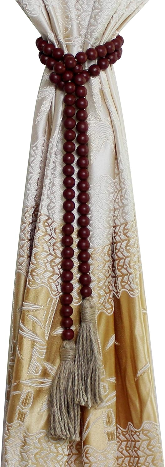 CVHOMEDECO. Wood Beads Garland with Tassels Farmhouse Rustic Wooden Prayer Bead String Wall Hanging Accent for Home Festival Decor. Mix Distressed