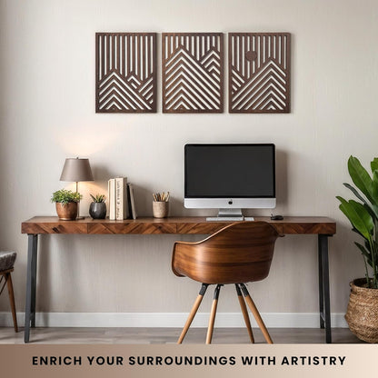 qmmp Modern Wooden Wall Sculptures - Set of 3 - Home Decor Accent - Large Wall Art for Living Room, Bedroom, Office - Easy Installation (Oak, Medium - Mountain and Sun)