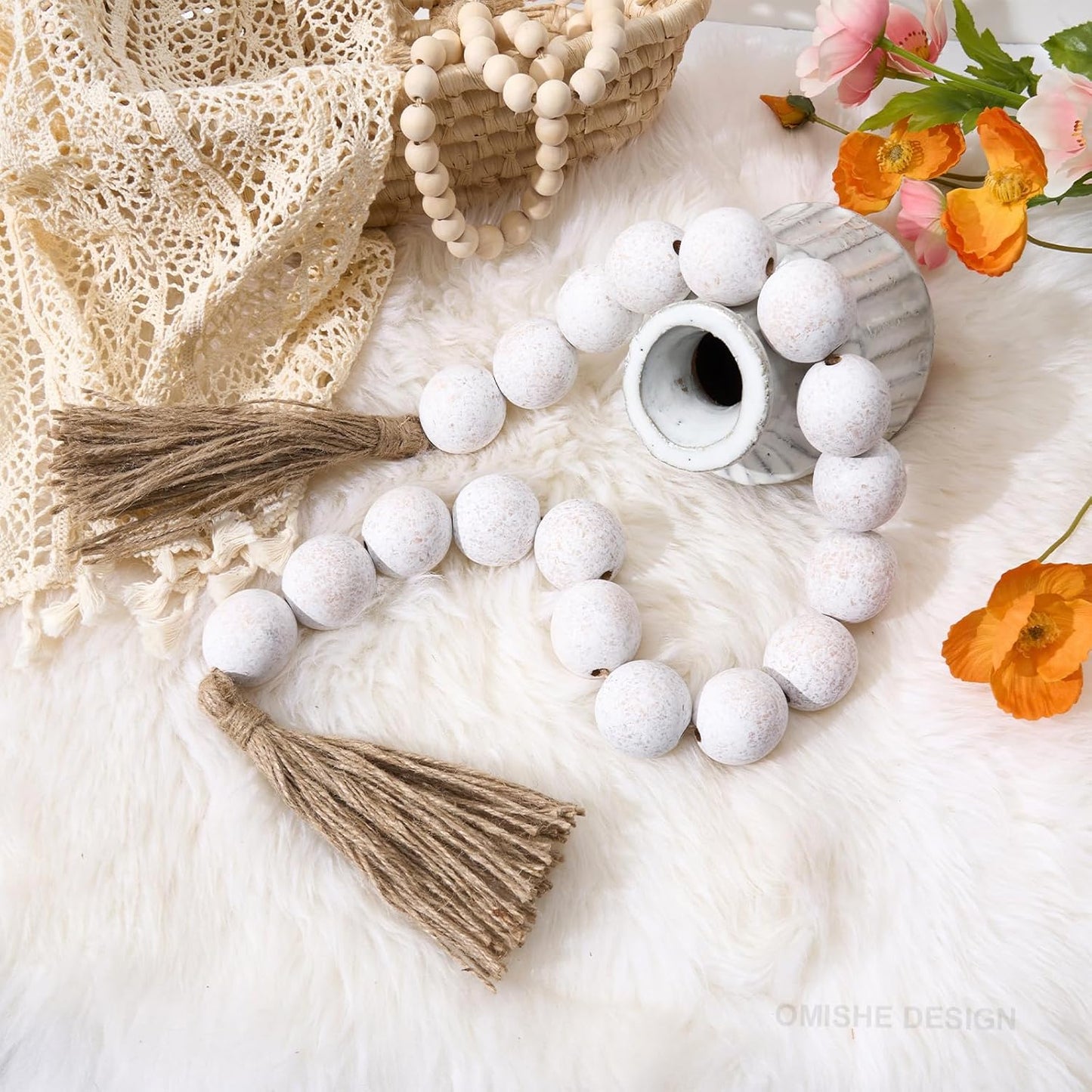OMISHE Extra Large Wood Bead Garland with 1.6" Diameter Wooden Beads and Tassels, 41" Long Rustic Farmhouse Country Decorative Beads for Home Tiered Tray Decor, Natural Beige