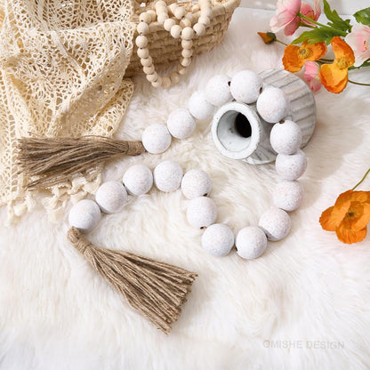 OMISHE Extra Large Wood Bead Garland with 1.6" Diameter Wooden Beads and Tassels, 41" Long Rustic Farmhouse Country Decorative Beads for Home Tiered Tray Decor, Natural Beige