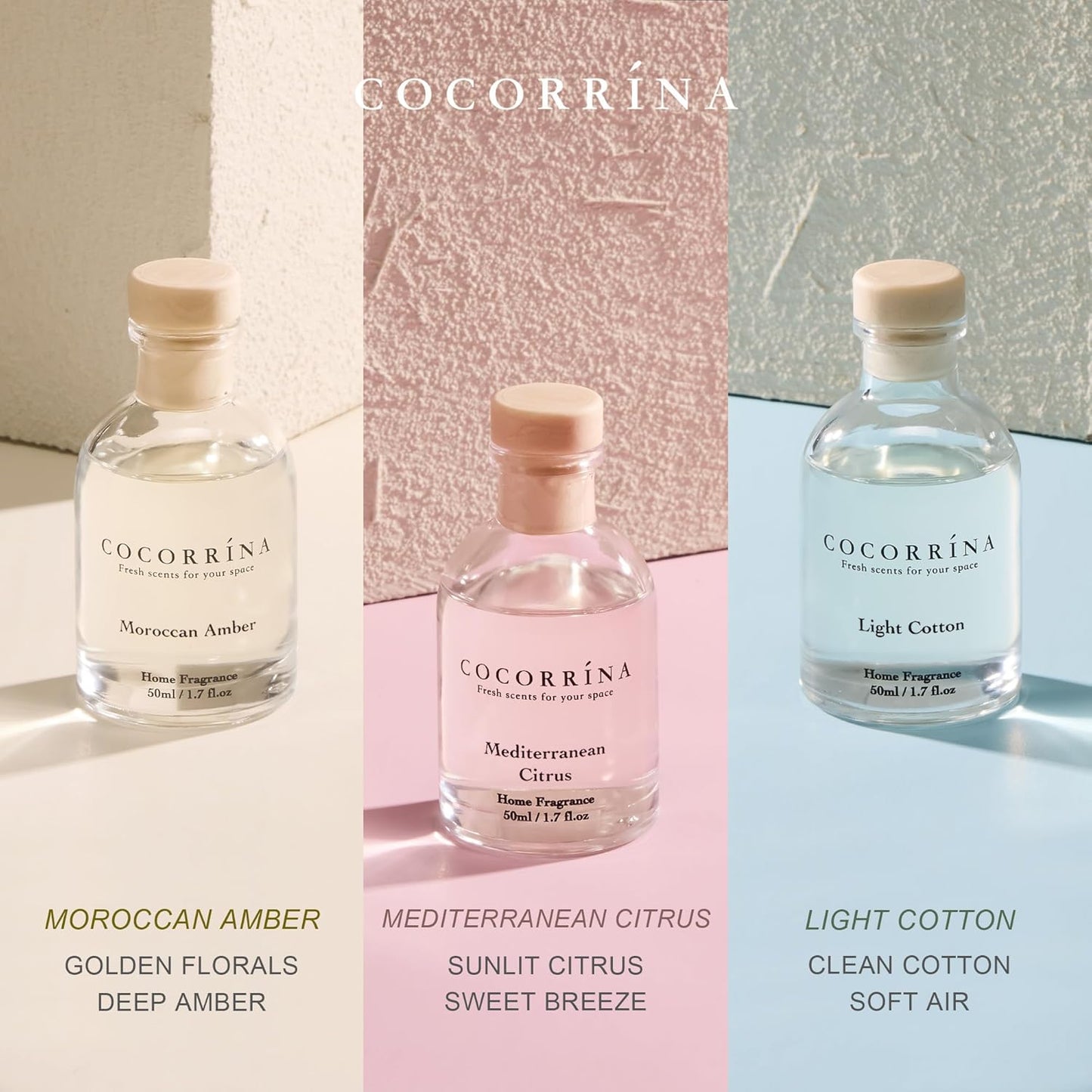 COCORRÍNA Eucalyptus Reed Diffuser Set of 3 - Lavender Eucalyptus, Black Forest, Clean Cotton Scents, 1.7 fl oz Each, Total 5.1 oz, Scented Oil Diffusers for Home & Office﻿