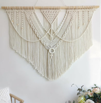 Achart Macrame Wall Hanging Large- Boho Wall Decor- large wall art- Wall Decor Living Room- Macrame Tapestry Boho Decor for Bedroom (Wooden Bead)