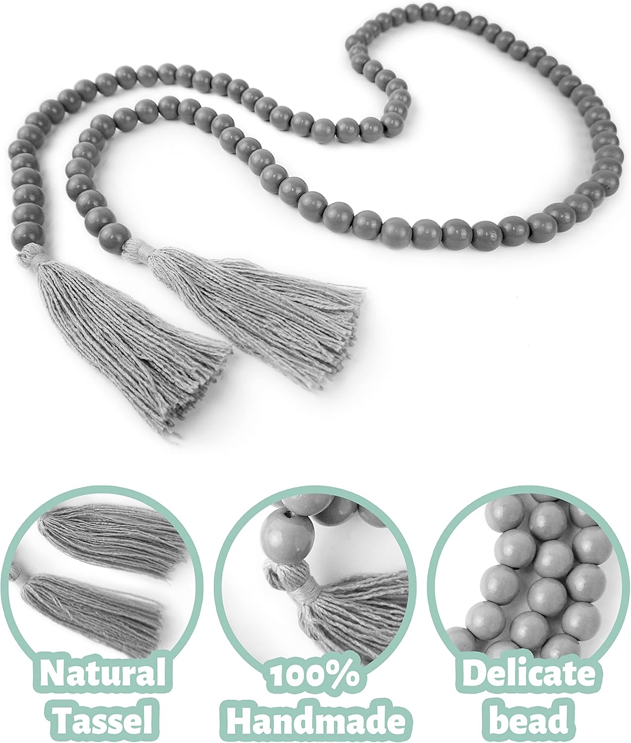 Wooden Beads Garland with Tassels, 61 Inch Grey Wood Bead Garland, Modern Farmhouse Decor, Boho Home Decor Clearance