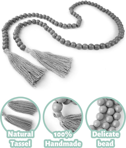 Wooden Beads Garland with Tassels, 61 Inch Grey Wood Bead Garland, Modern Farmhouse Decor, Boho Home Decor Clearance