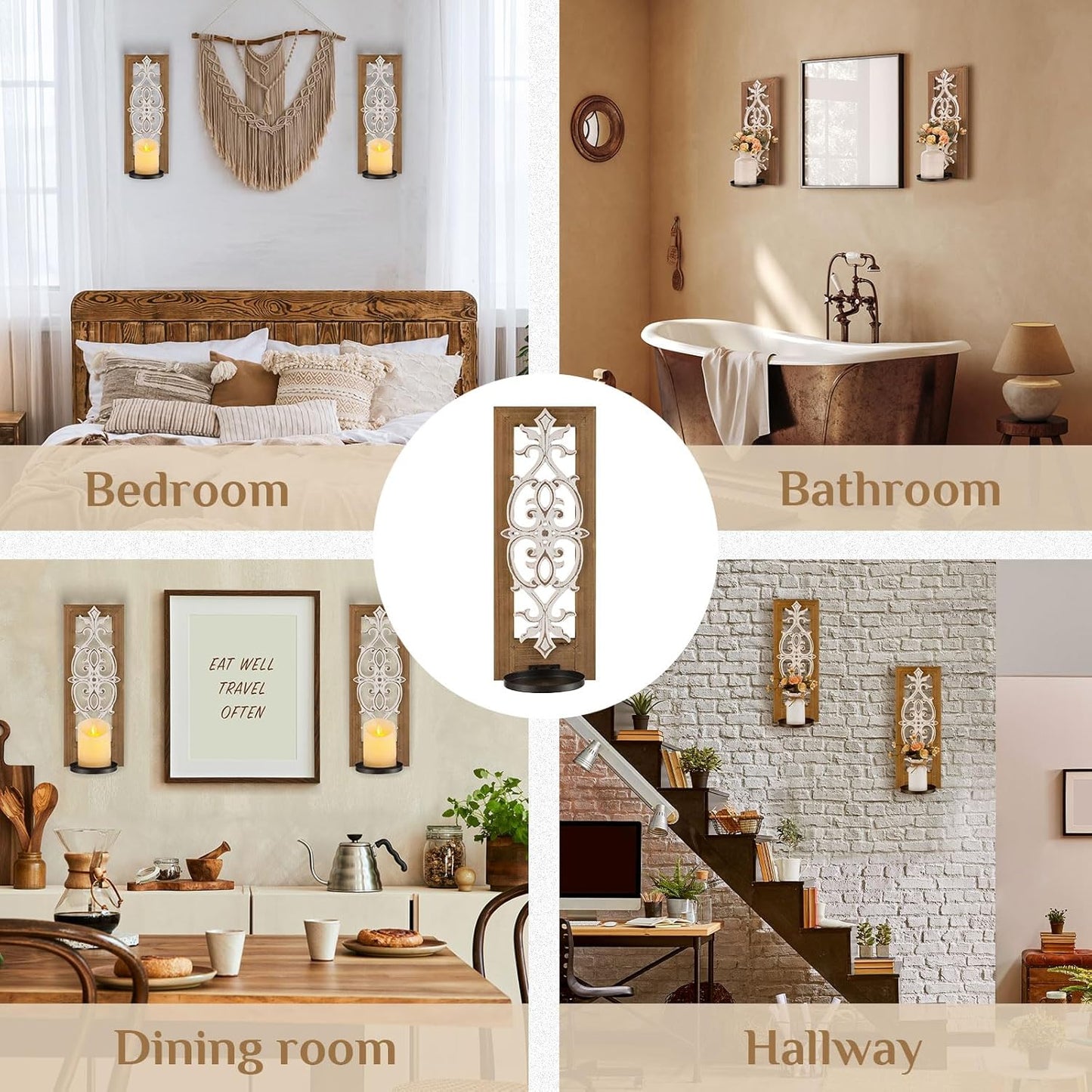 Farmhouse Wood Candle Sconces Wall Decor - Set of 2 Walasis Rustic Wall Candle Holder Decorative Carved Brown Candle Sconce Farmhouse Art Distressed Pillar Candles Holder for Fireplace Decor