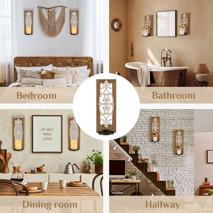 Farmhouse Wood Candle Sconces Wall Decor - Set of 2 Walasis Rustic Wall Candle Holder Decorative Carved Brown Candle Sconce Farmhouse Art Distressed Pillar Candles Holder for Fireplace Decor