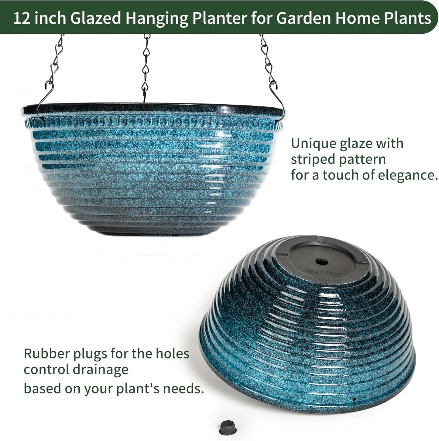 Vanslogreen 2 Pack Hanging Planters for Indoor Outdoor Plants, 10 Inch Hanging Planter with Drainage Hole & Plug Glazed Hanging Baskets Flower Pots for Garden Home (Blue)