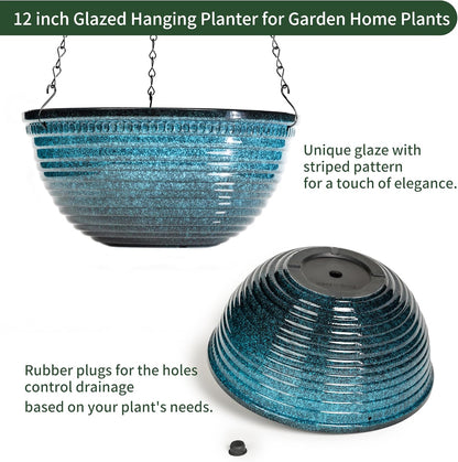 Vanslogreen 2 Pack Hanging Planters for Indoor Outdoor Plants, 10 Inch Hanging Planter with Drainage Hole & Plug Glazed Hanging Baskets Flower Pots for Garden Home (Blue)