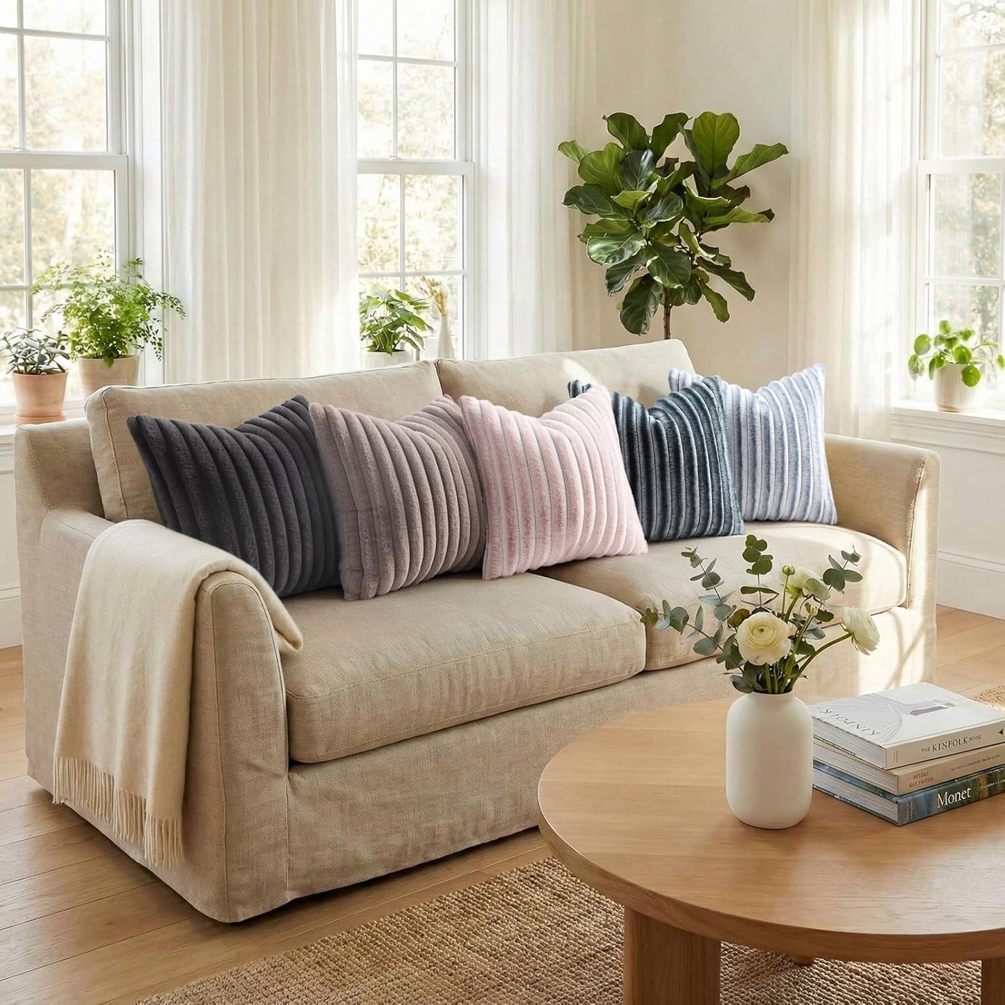 Pallene Faux Fur Plush Throw Pillow Covers 18x18 Set of 2, Luxury Soft Fluffy Striped Decorative Pillow Covers for Sofa, Couch, Living Room, Cream White