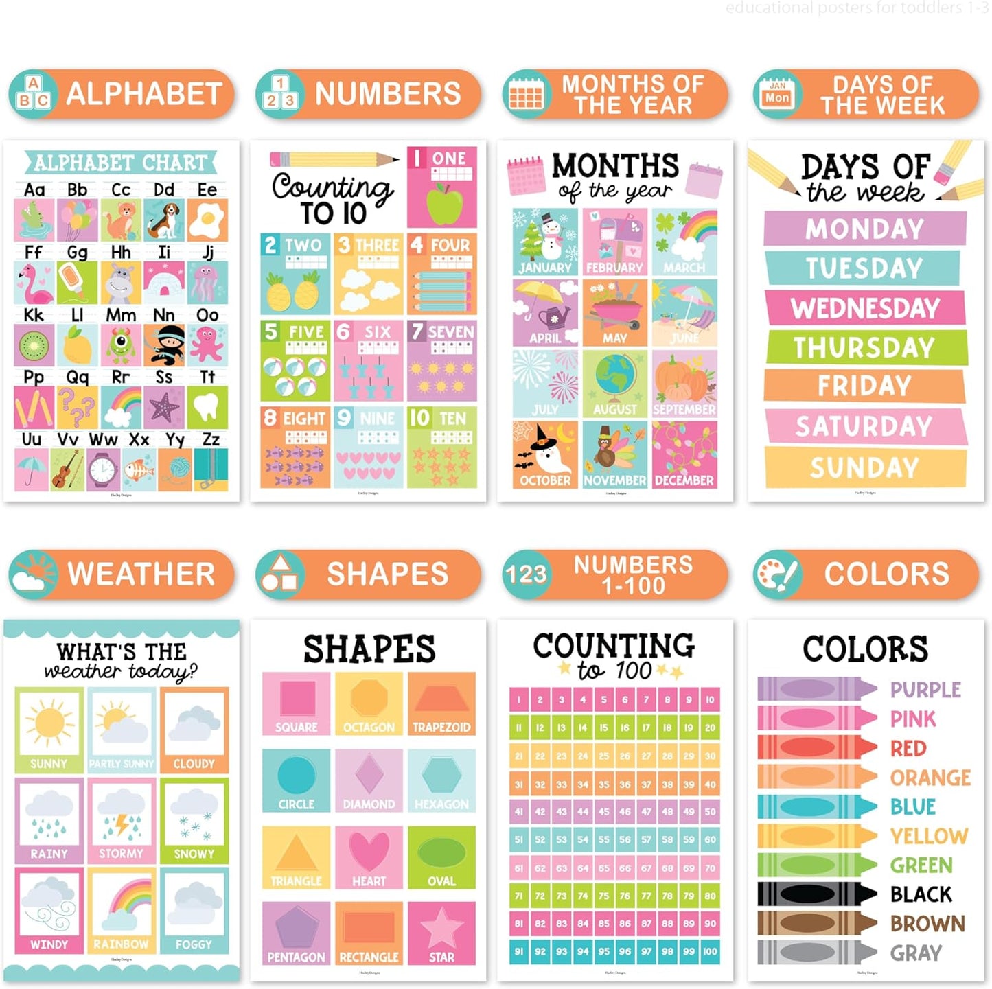 Hadley Designs 16 Educational Posters for Toddler Learning Activities - Laminated Pre-K Posters for Toddlers 1-3, Homeschool Essentials & Preschool Learning Activities, Kindergarten Classroom Decor