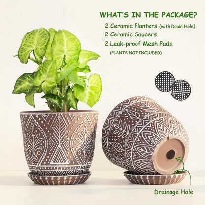 Gepege 6 Inch Beaded Ceramic Planter Set of 2 with Drainage Hole and Saucer for Plants, Indoor-Outdoor Large Round Succulent Orchid Flower Pot (Smoked Gray, Inner-pots not Larger Than 5 Inch)