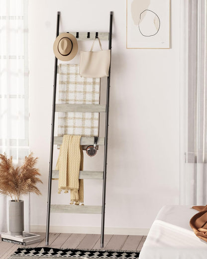 Blanket Ladder, 5-Tier Towel Holder with 4 Removable Hooks, Farmhouse Wall Leaning Decorative Rack Shelf, Wooden Towel Display Rack, Quilt Ladder for Living Room, Bedroom, Rustic Brown