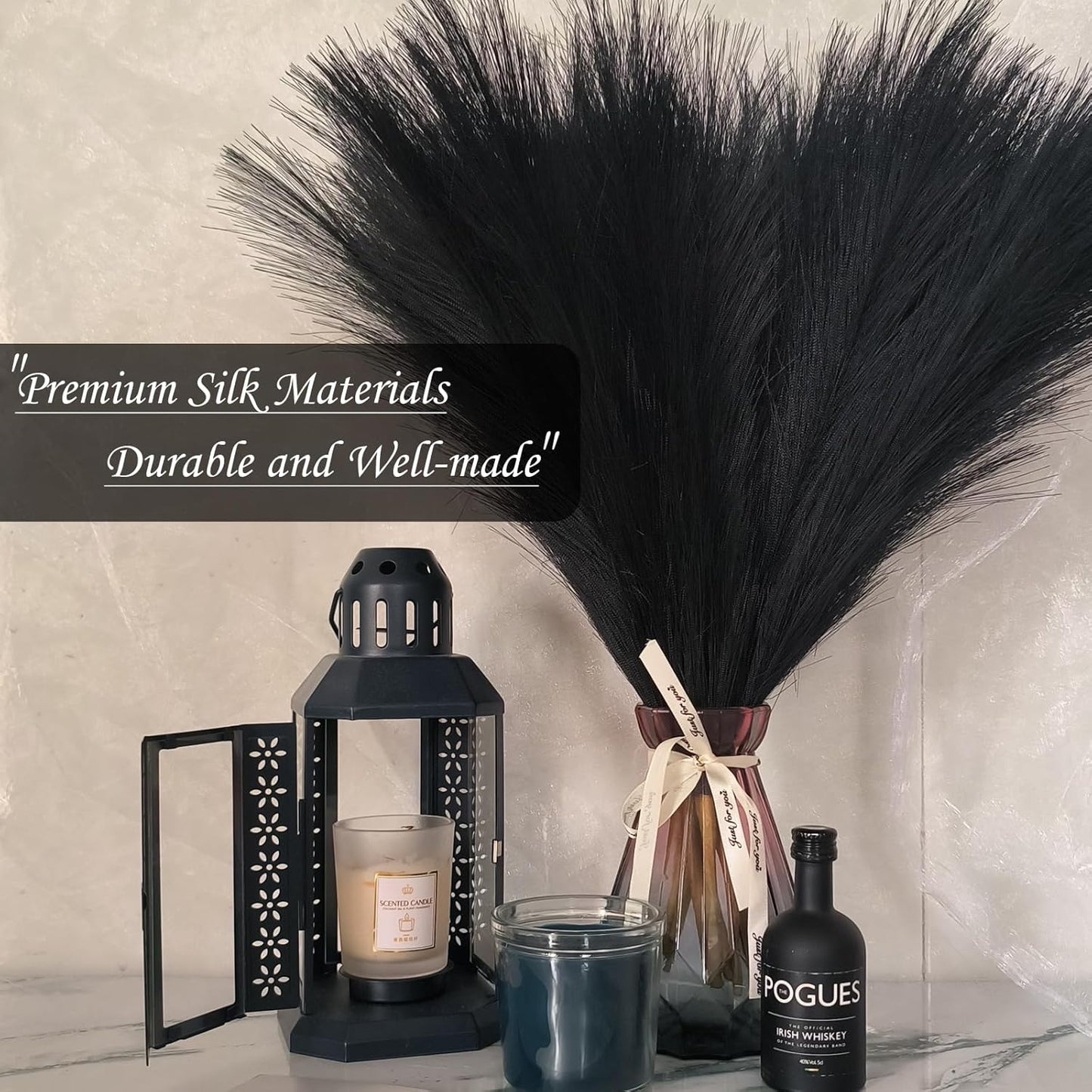 SeptCat 9 Pcs 45" Faux Dried Pampas Grass Tall Decor, Fluffy Fake Long Pompas Artificial Black Grey Gray Pompous Stems Bouquet Flower Arrangement Vase Filler for Boho Home Wedding Decoration