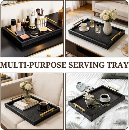 SXNOWS 17"x12" Cream Faux Leather Serving Tray with Gold Handles, Rectangle Decorative Tray for Ottoman, Coffee Table, Kitchen, Bar, Gift for Home Decor