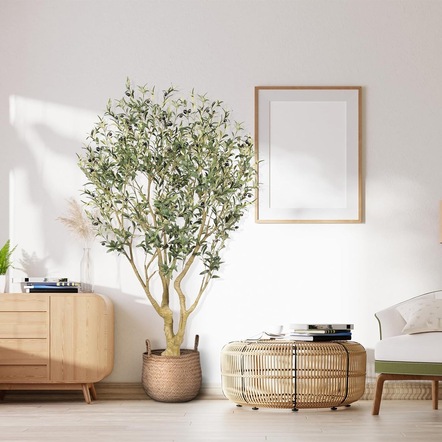 Realead Artificial Olive Tree 8ft - Large Faux Olive Tree with Realistic Leaves and Olives - Full and Grand Design Fake Olive Tree with Sturdy Base for Indoor Outdoor Office Decor