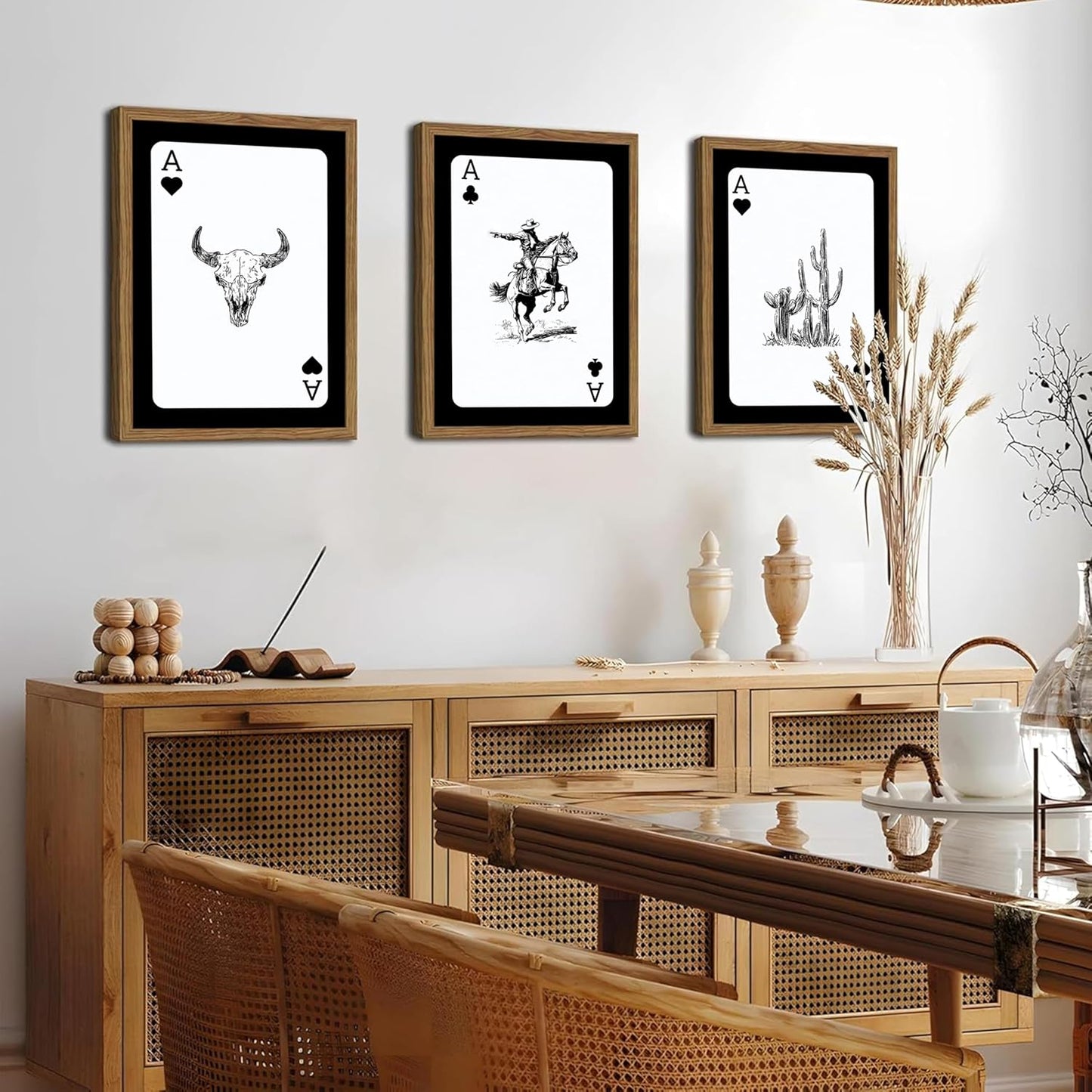 Western Wall Art Set of 3, Southwestern Cowboy Playing Card Wall Decor, Longhorn Bull Skull and How Lucky are We Poster Canvas Painting Prints for Bedroom Living Room 12x16 inch Wood Framed