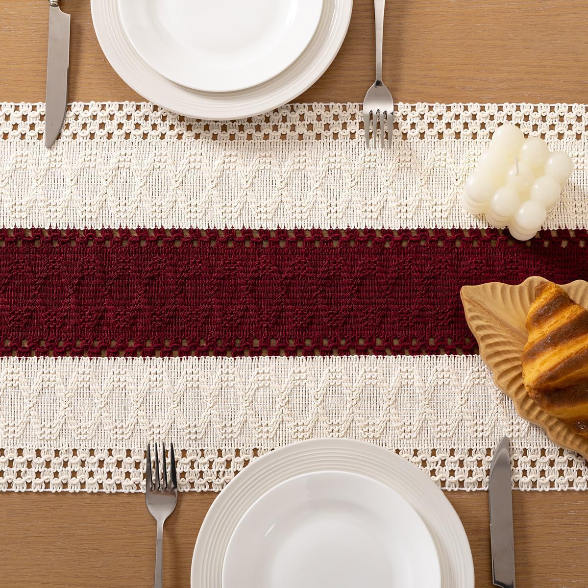Socomi Boho Table Runner Summer Farmhouse Rustic Dining Kitchen Centerpiece Decor Small Macrame Woven Cotton Linen Coffee Table Runner for Dresser Scarf Home Decor 12x36 inch Beige