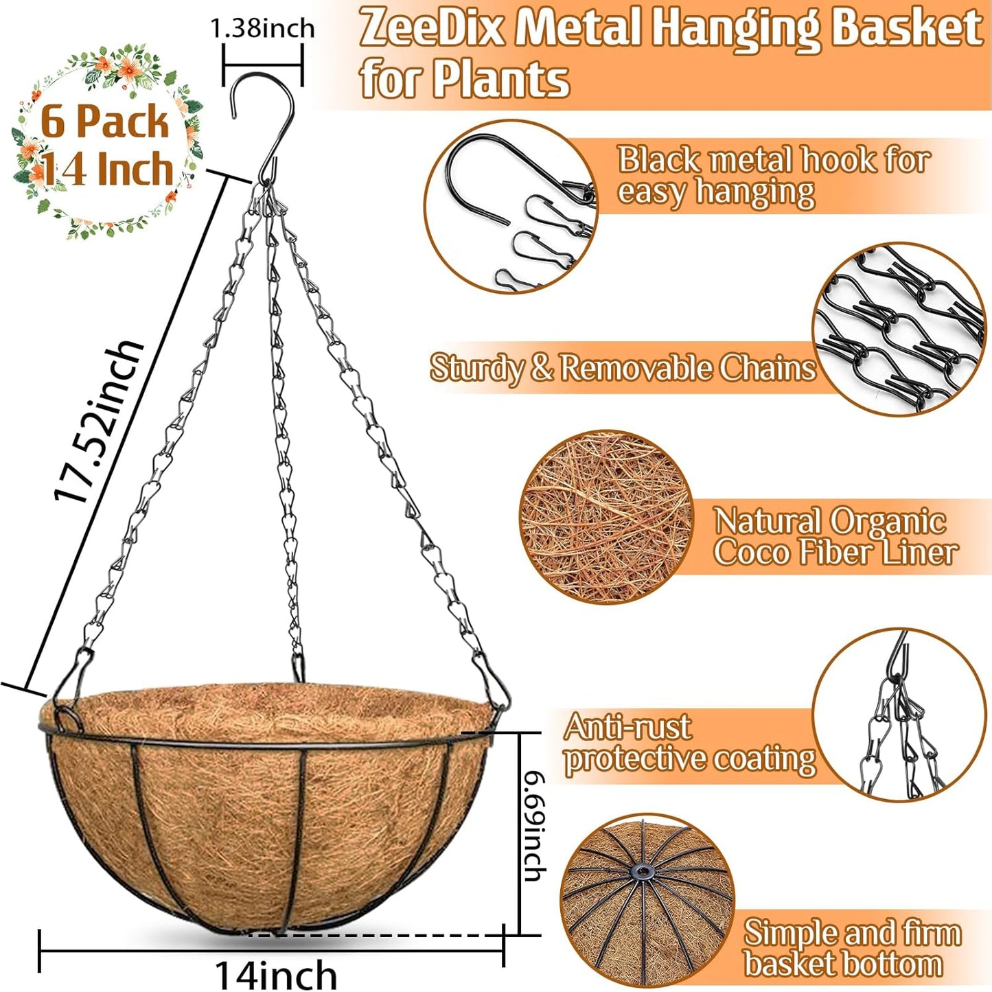ZeeDix 2 Pack 14 Inch Hanging Baskets for Plants Outdoor, Metal Wire Round Planters with Coco Liner, Hanging Flower Baskets for Home Garden Porch Balcony Railings Decor