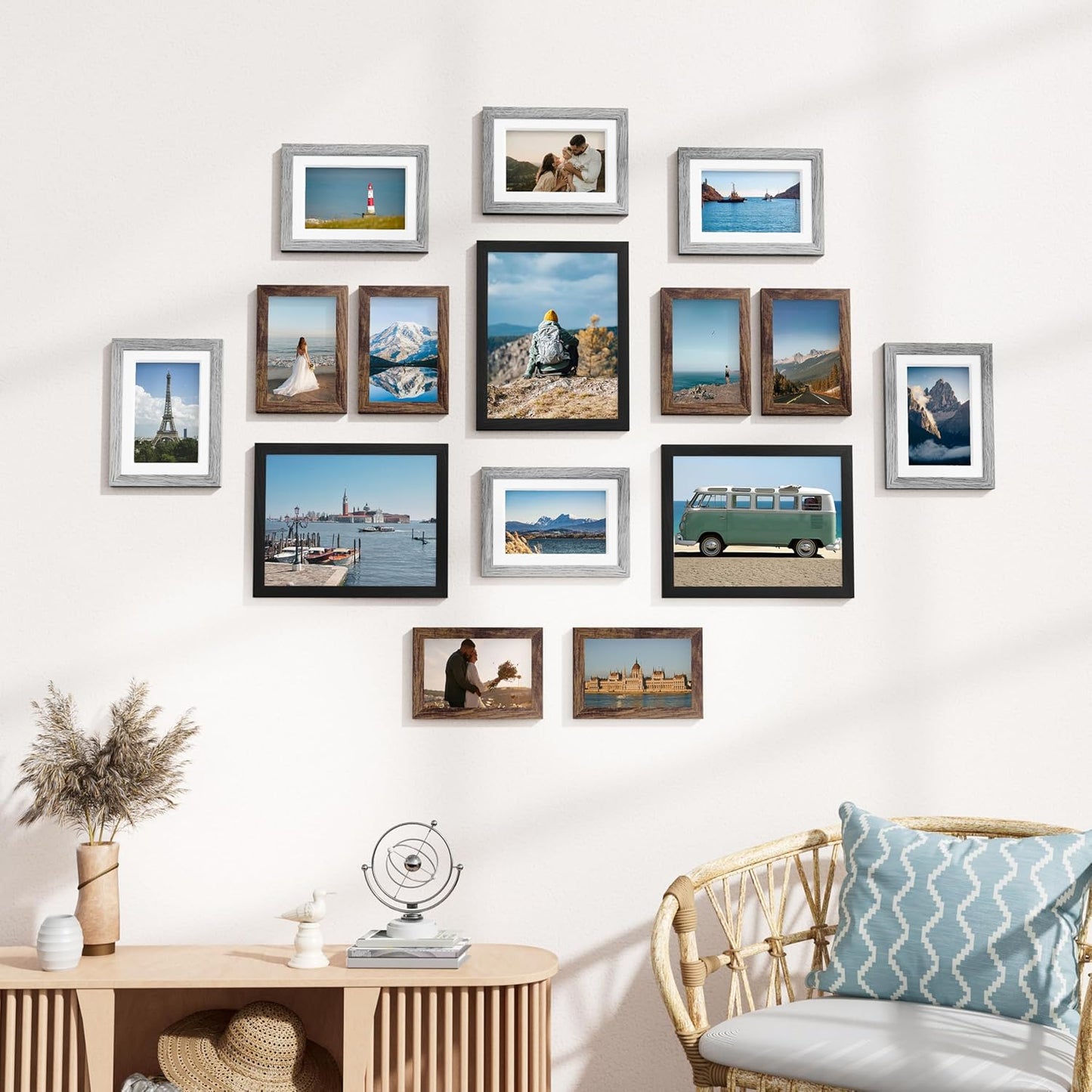 Vittanly 15 Pack Picture Frames Collage Wall Decor for Mounting or Tabletop Display, Gallery Frame Set for Family, Multi Sizes Including 3pcs 8x10, 6pcs 5x7, 6pcs 4x6, Black