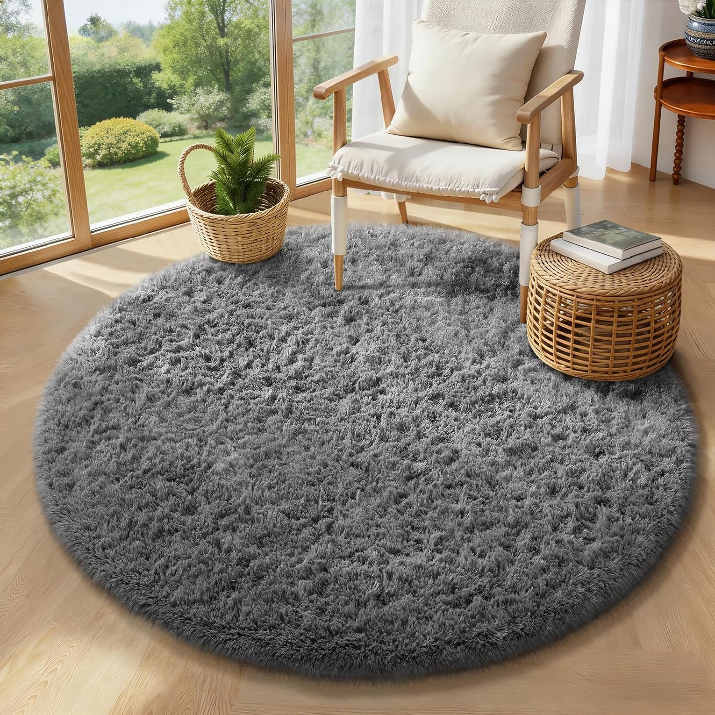 Ophanie Round Rugs 5Ft Ivory Circle Area Rug, Nursery Room Decor, Christmas Aesthetic Bedroom Home Circular Carpet 5 Foot, Fluffy Fuzzy Shag Plush Cream Living Room Rugs for Kids Boys Girls Teen Baby
