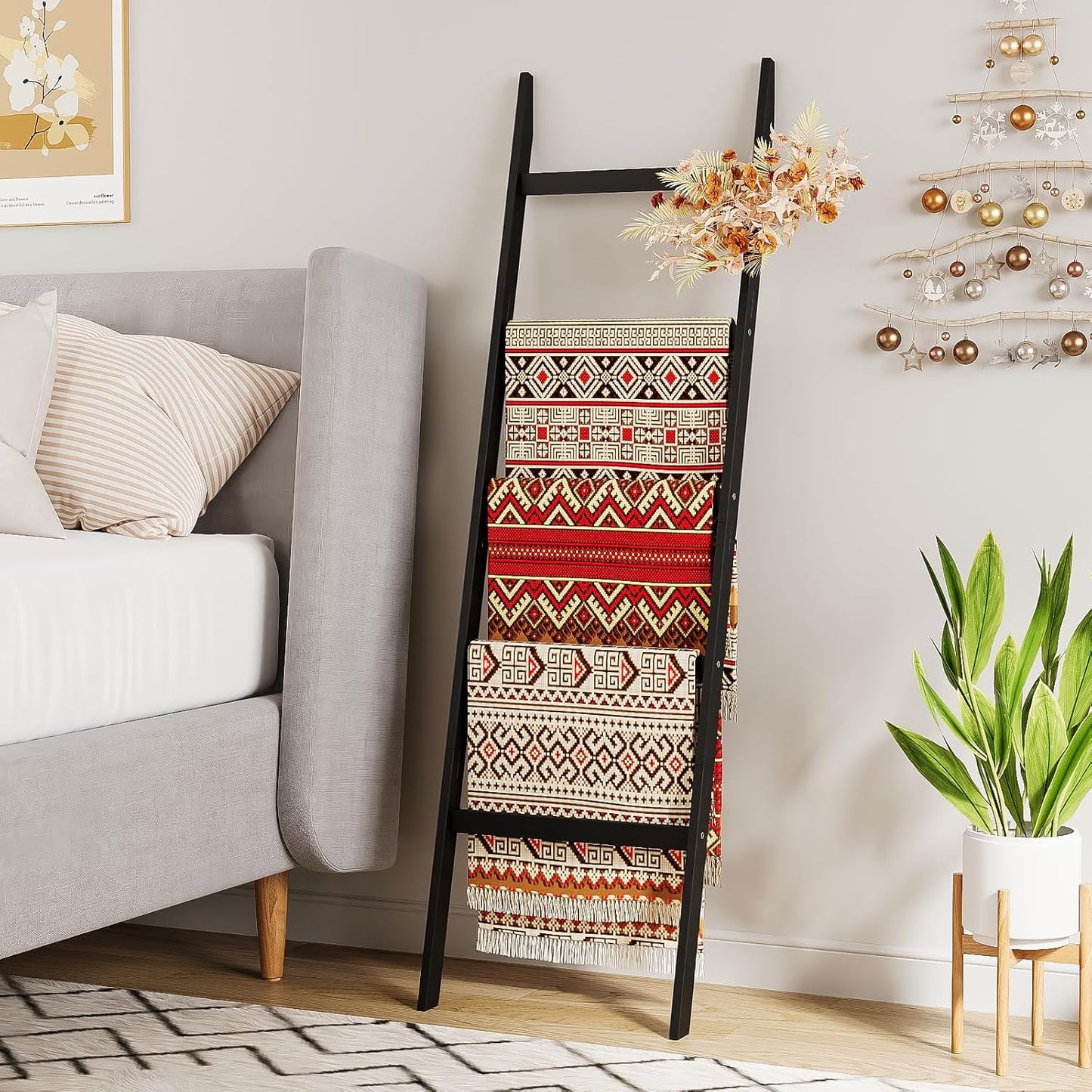 Blanket Ladder Towel Racks For Bathroom 5 Layers Towel Holder 100% Bamboo Wood Sturdy Construction No Need Wall Drilling Quilt Scarf Storage Solution Decorative Leaning Shelf for Living Room (White)