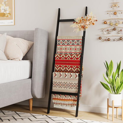 Blanket Ladder Towel Racks For Bathroom 5 Layers Towel Holder 100% Bamboo Wood Sturdy Construction No Need Wall Drilling Quilt Scarf Storage Solution Decorative Leaning Shelf for Living Room (White)
