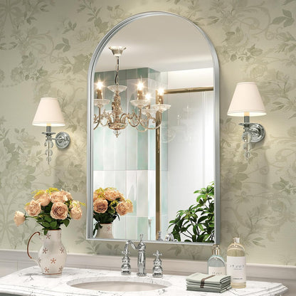 Brightify Arched Mirror, Arched Wall Mirror, 24 x 32 Inch Silver Arch Mirror, Metal Frame Silver Bathroom Mirror, Arched Top Bathroom Vanity Mirror for Living Room Bedroom Mantel Entryway Hallways
