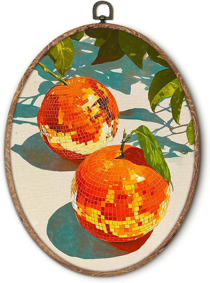 Trendy Funky Orange Disco Ball Oval Wall Art Framed, Funky Retro Oval Wall Decor, Trendy Aesthetic Hanging Canvas Prints Wall Sculptures for Home Living Room Bedroom Decor, 8.5x11.5 Inch