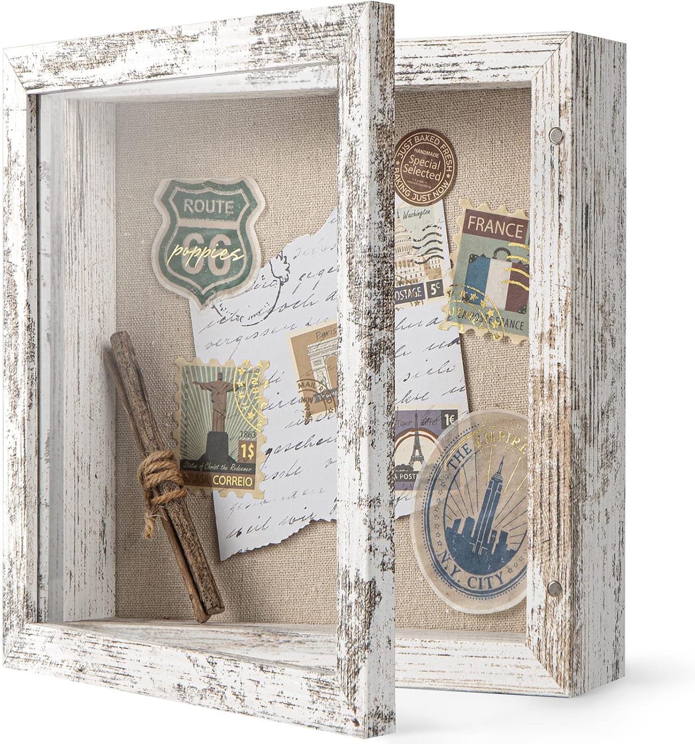 Califortree 8x10 Shadow Box Frame with Linen Back - Sturdy Rustic Memory Display Case of Flower, Pictures, Medals and More, White
