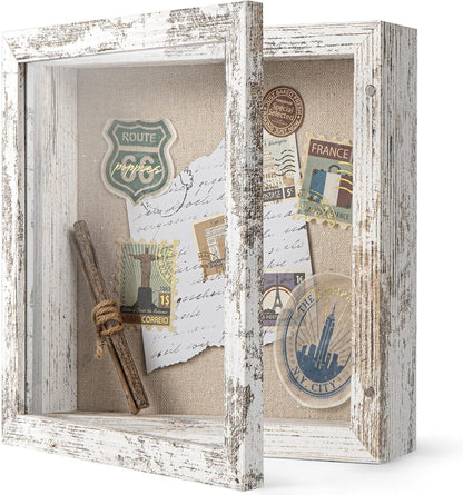 Califortree 8x10 Shadow Box Frame with Linen Back - Sturdy Rustic Memory Display Case of Flower, Pictures, Medals and More, White
