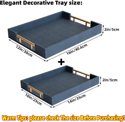 Modern Decorative Tray Set of 2 Ivory Shagreen Leather and Wood Serving Tray with Gold Polished Metal Handles for Ottoman, Coffee Table, Bathroom and More