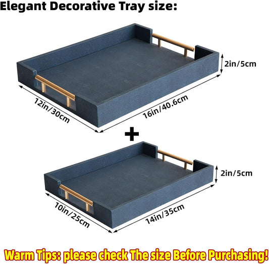 Modern Decorative Tray Set of 2 Ivory Shagreen Leather and Wood Serving Tray with Gold Polished Metal Handles for Ottoman, Coffee Table, Bathroom and More